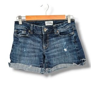 Aeropostale Denim Shorts Cuffed Hem Distressed Blue Wash Size 0‎